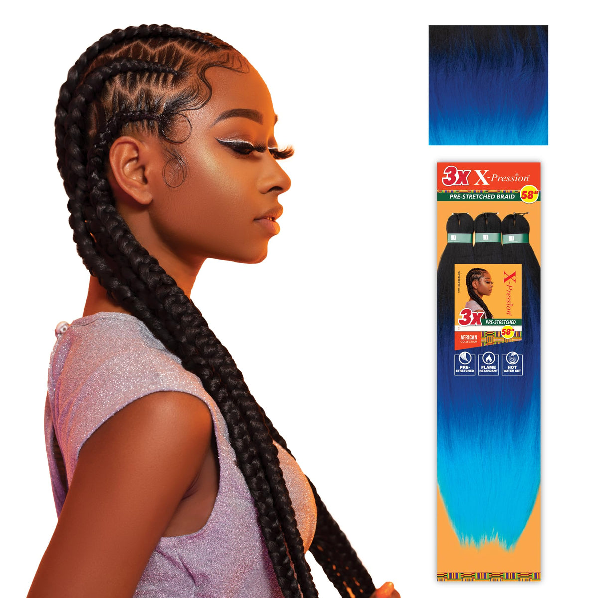 Sensationnel X-Pression 58in braids in 3T1B/DBLUE/LBLUE front view