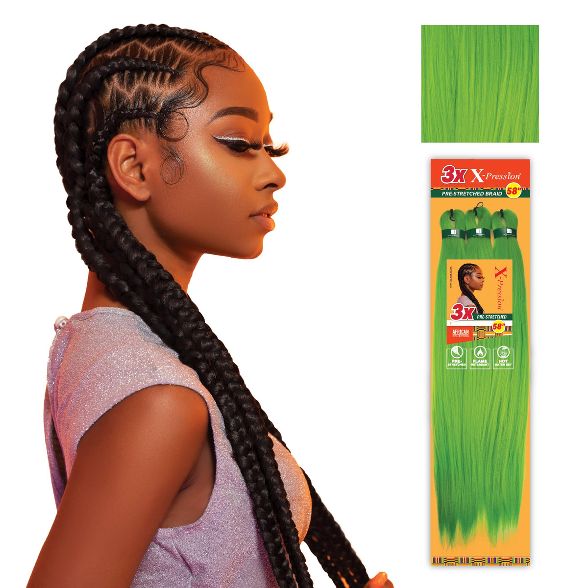 Sensationnel X-Pression Braiding Hair 58in Green packaged