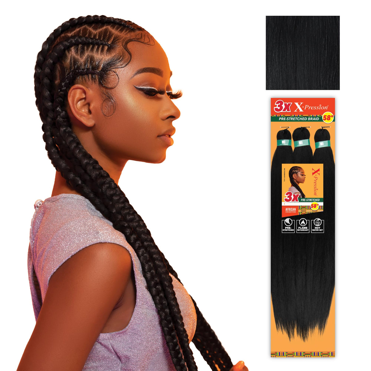 Sensationnel X-Pression Braids 3X 58in Jet Black front view