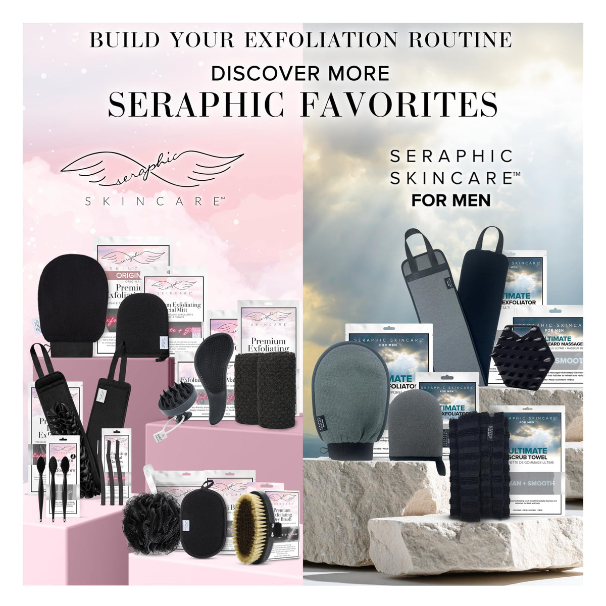 SERAPHIC SKINCARE exfoliating gloves with step-by-step instructions