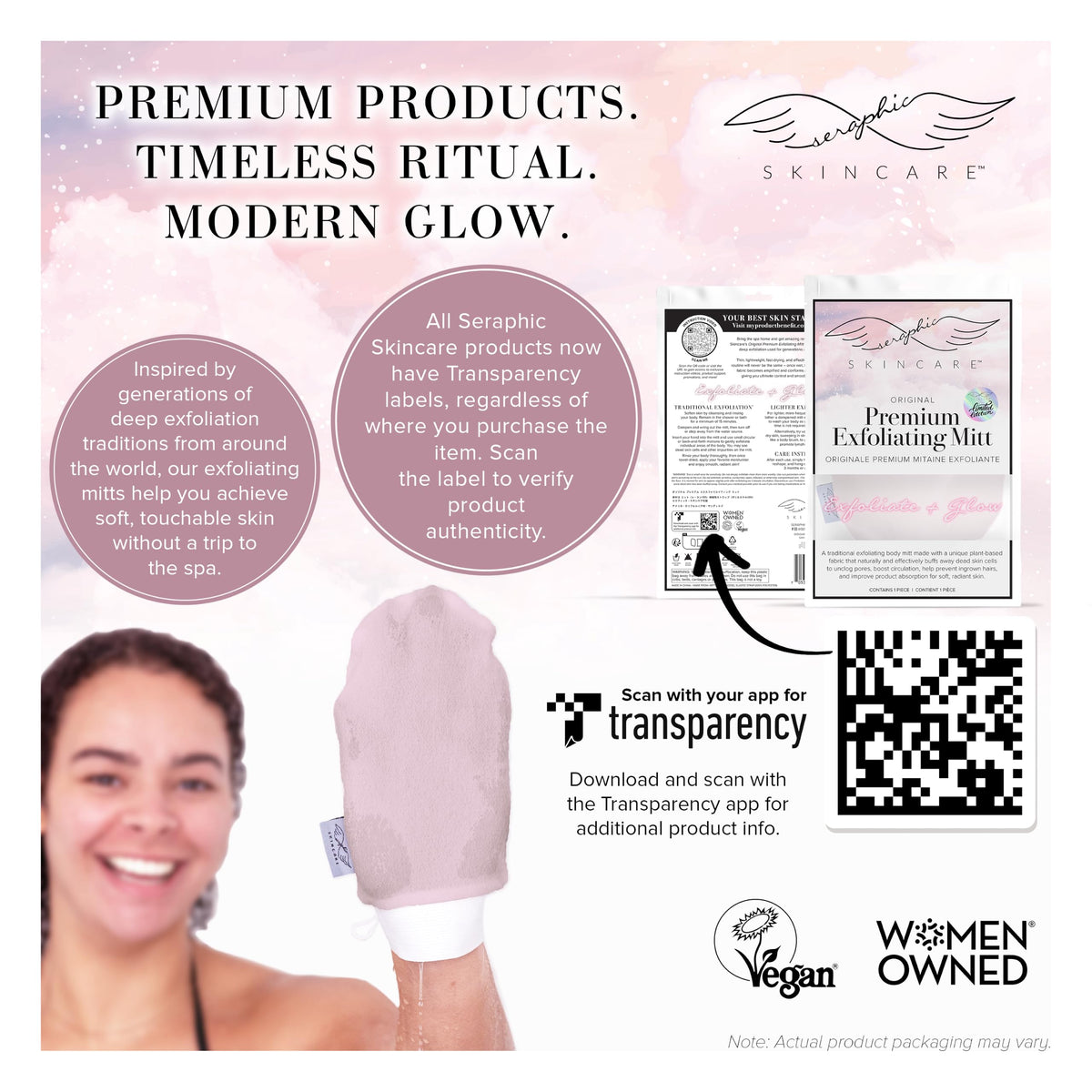 SERAPHIC SKINCARE Pink Premium Exfoliating Mitt hanging for drying