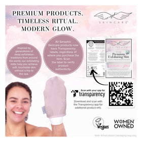 SERAPHIC SKINCARE Pink Premium Exfoliating Mitt hanging for drying