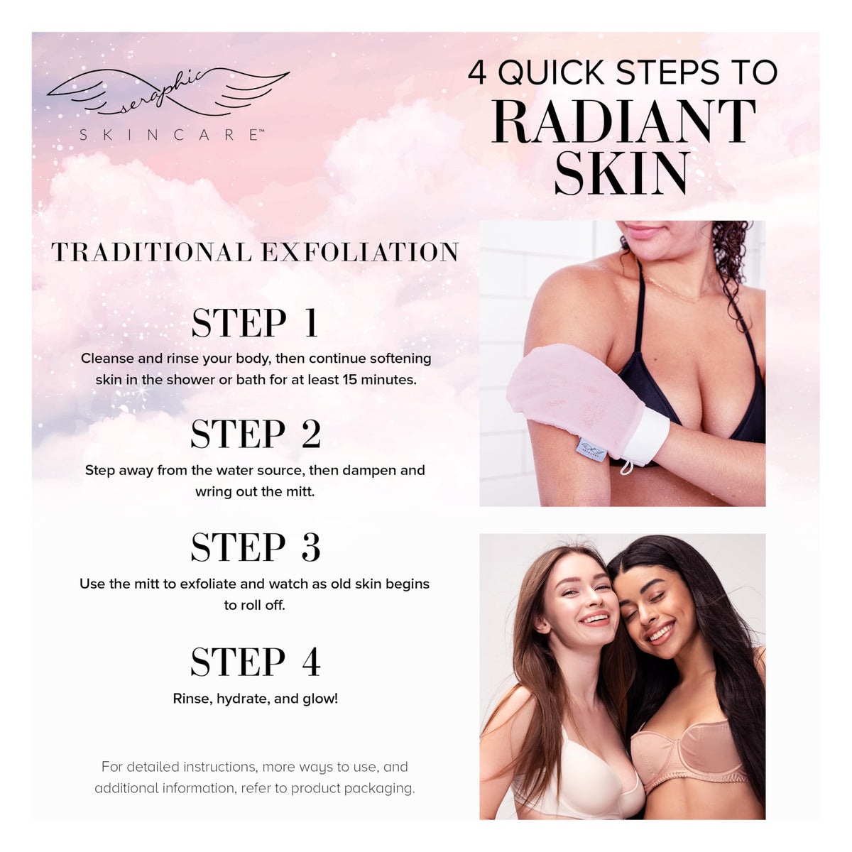 SERAPHIC SKINCARE Pink Premium Exfoliating Mitt in use during a shower