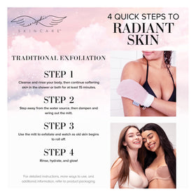 SERAPHIC SKINCARE Pink Premium Exfoliating Mitt in use during a shower