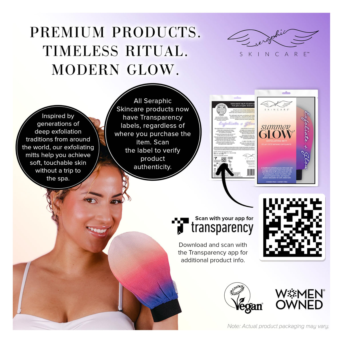 SERAPHIC SKINCARE Summer Glow Exfoliating Mitt with step-by-step instructions