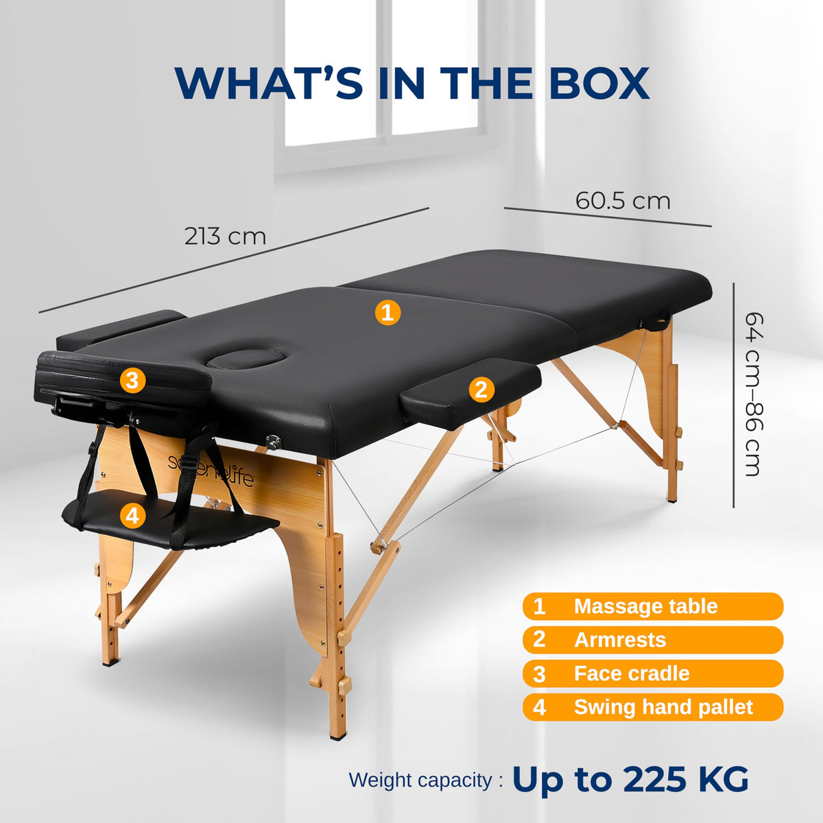 SereneLife Portable Massage Table dimensions displayed