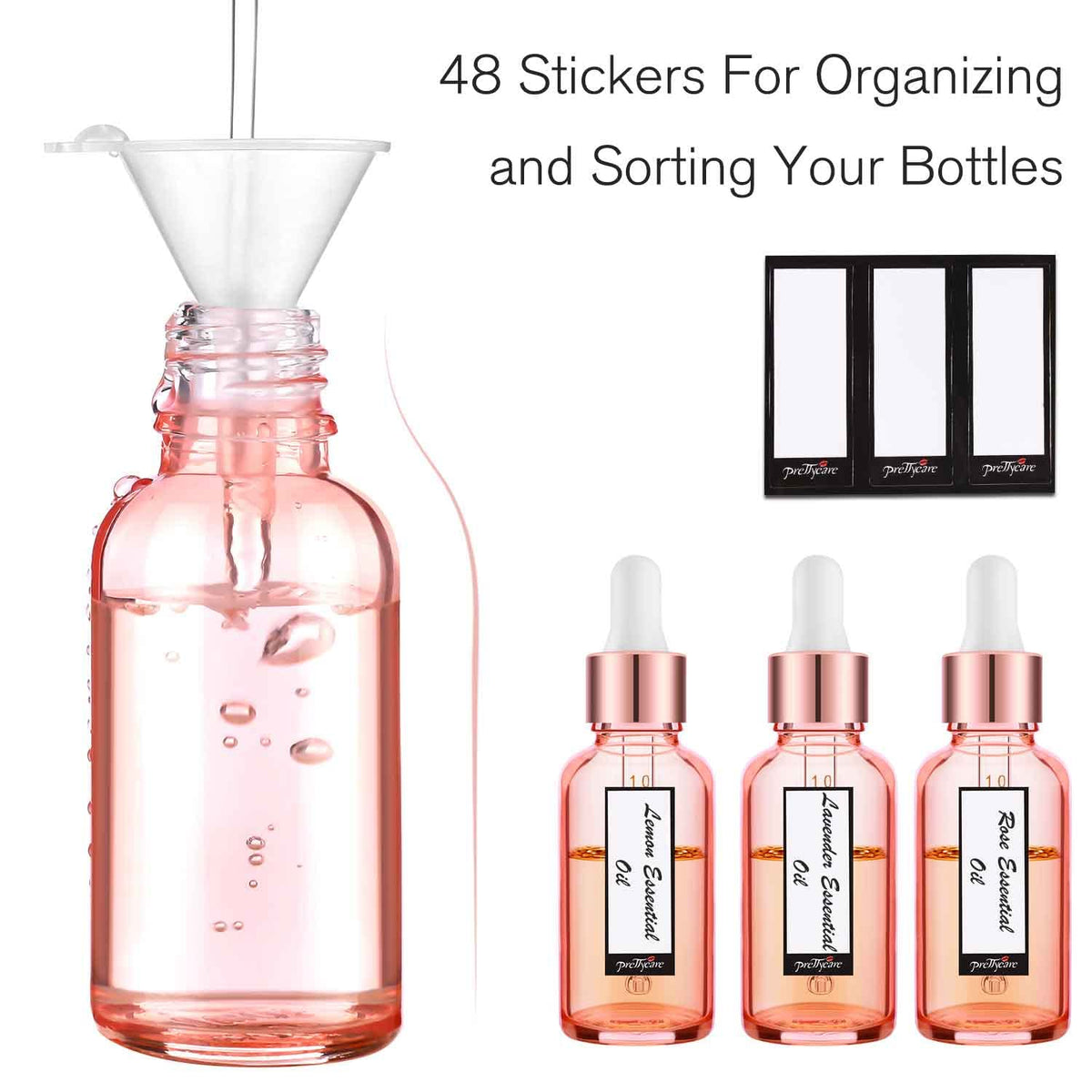 Set of PrettyCare glass dropper bottles with plastic funnels