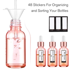 Set of PrettyCare glass dropper bottles with plastic funnels