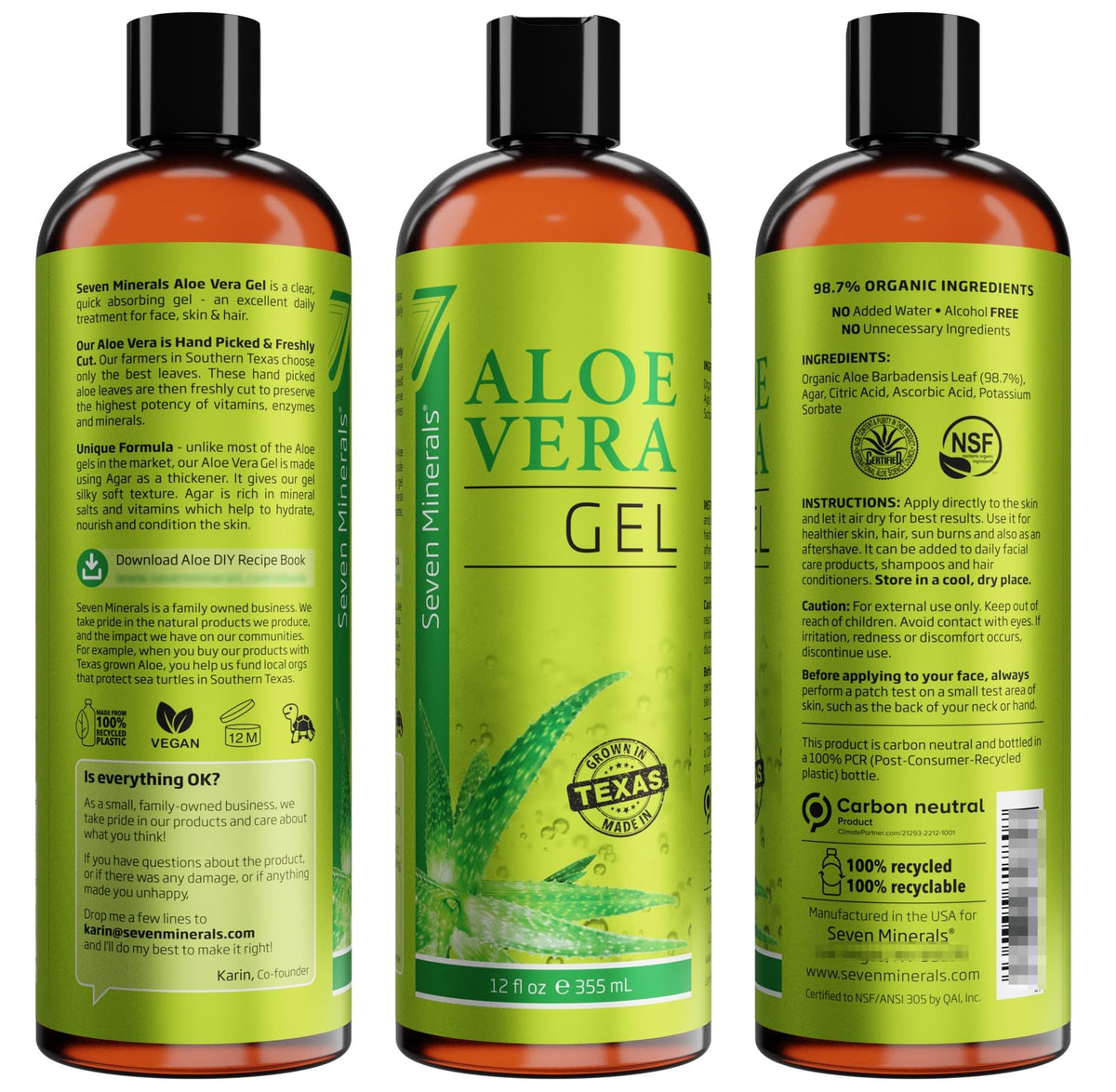 Seven Minerals Aloe Vera Gel 12oz on bathroom shelf