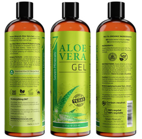 Seven Minerals Aloe Vera Gel 12oz on bathroom shelf