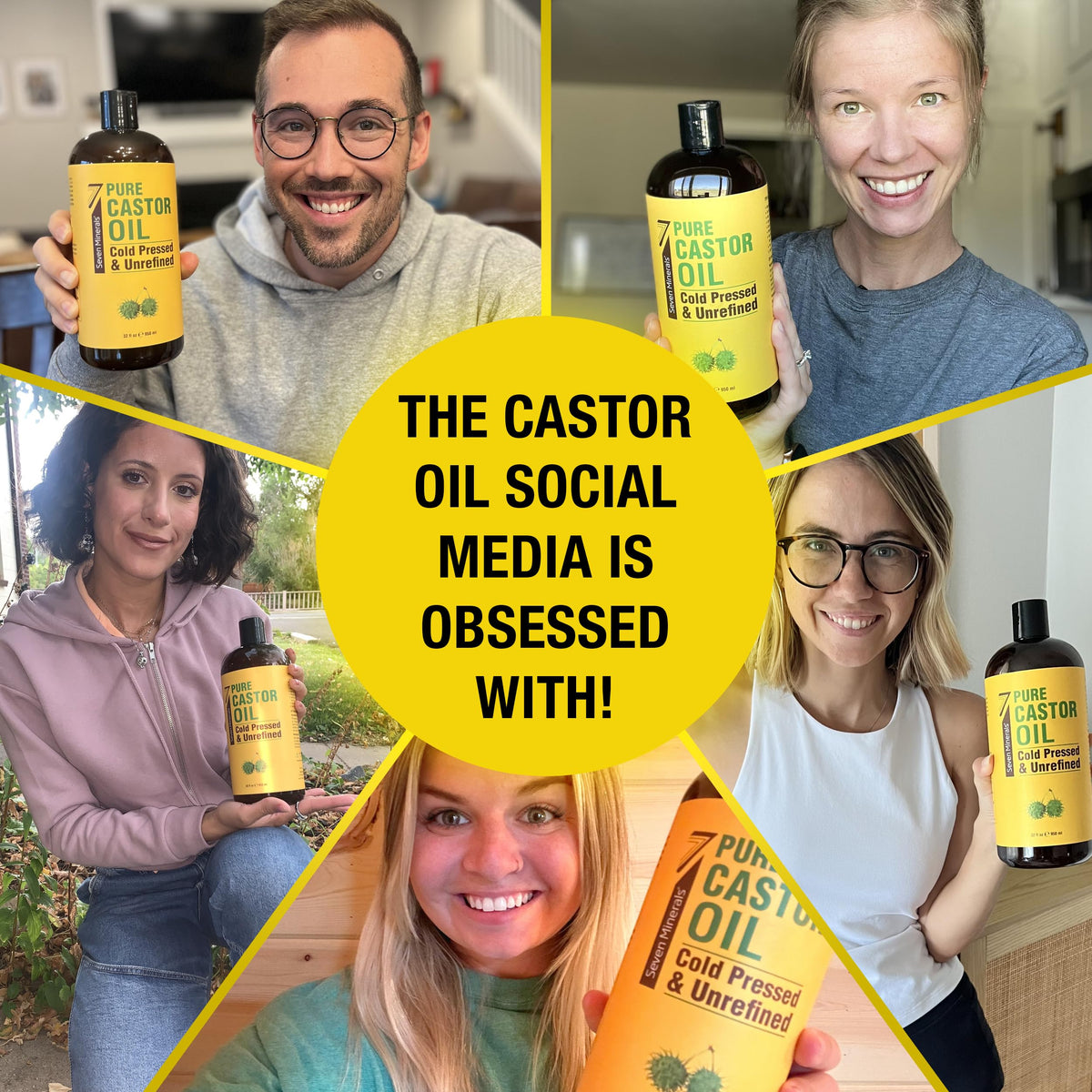 Seven Minerals Castor Oil bottle with essential oils and plants