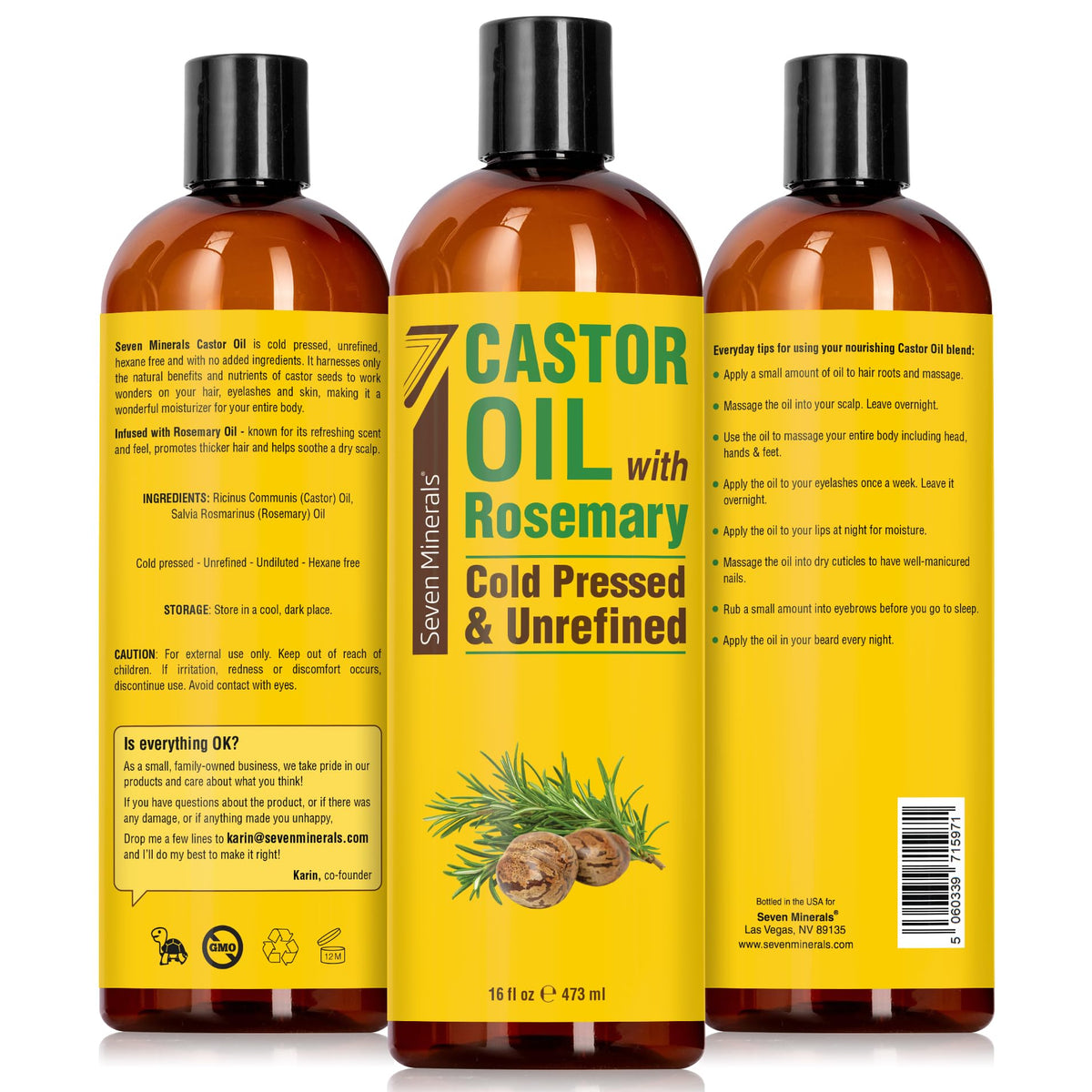 Seven Minerals Castor Oil with Rosemary on a wooden table