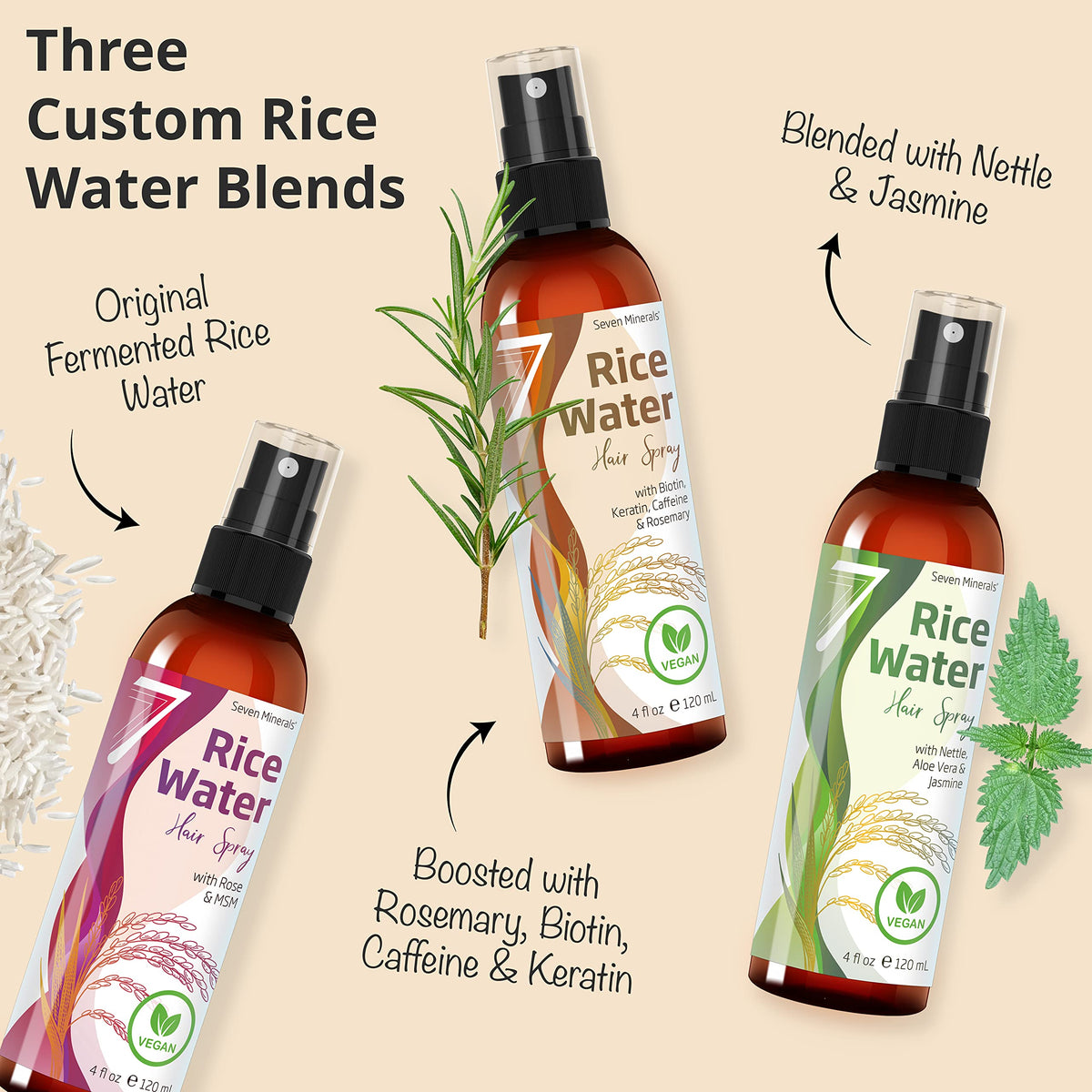 Seven Minerals Fermented Rice Water Spray with rosemary and biotin ingredients