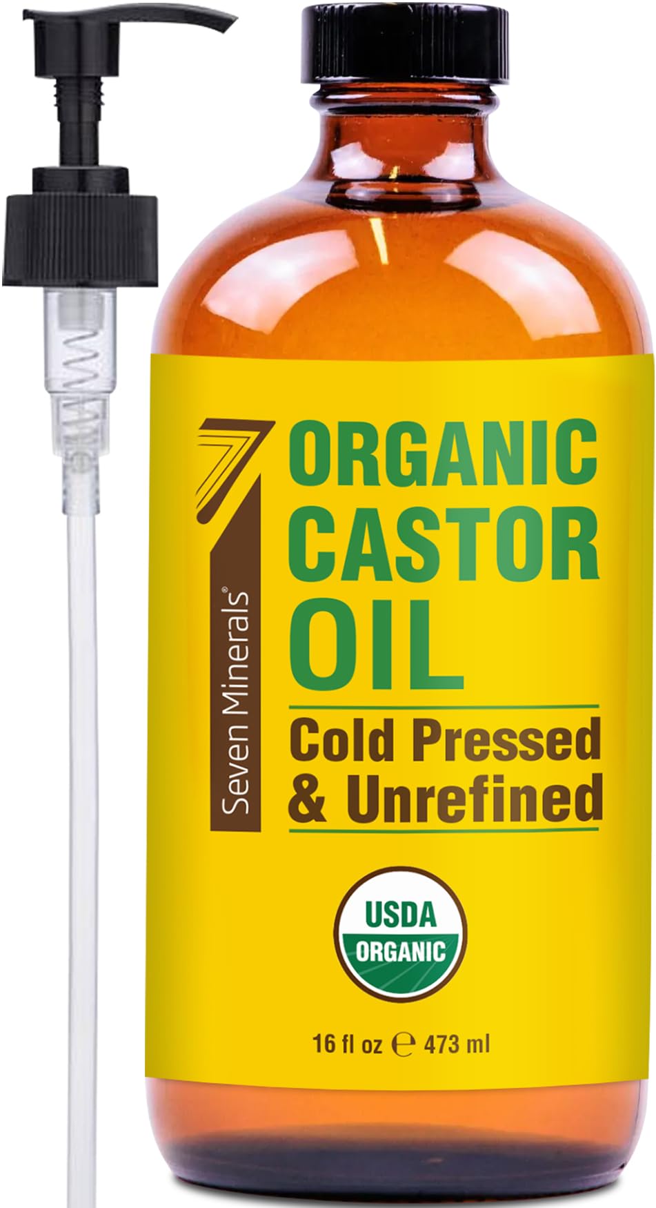 Seven Minerals Organic Castor Oil 16oz glass bottle with pump