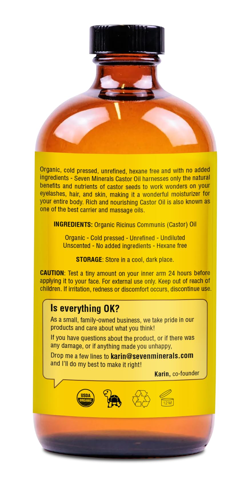 Seven Minerals Organic Castor Oil packaging and label