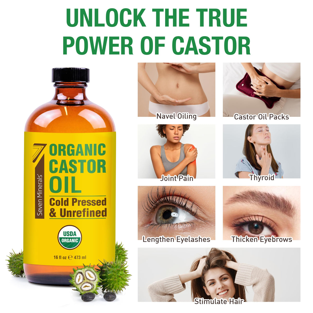 Seven Minerals Organic Castor Oil used on hair and skin