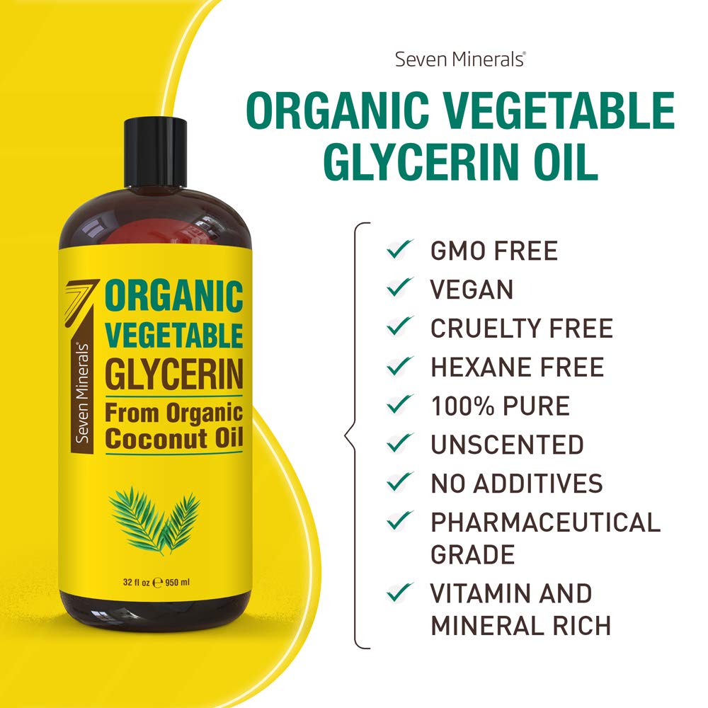 Seven Minerals Organic Vegetable Glycerin bottle with coconut oil background