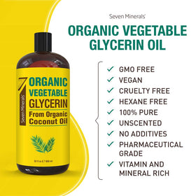 Seven Minerals Organic Vegetable Glycerin bottle with coconut oil background