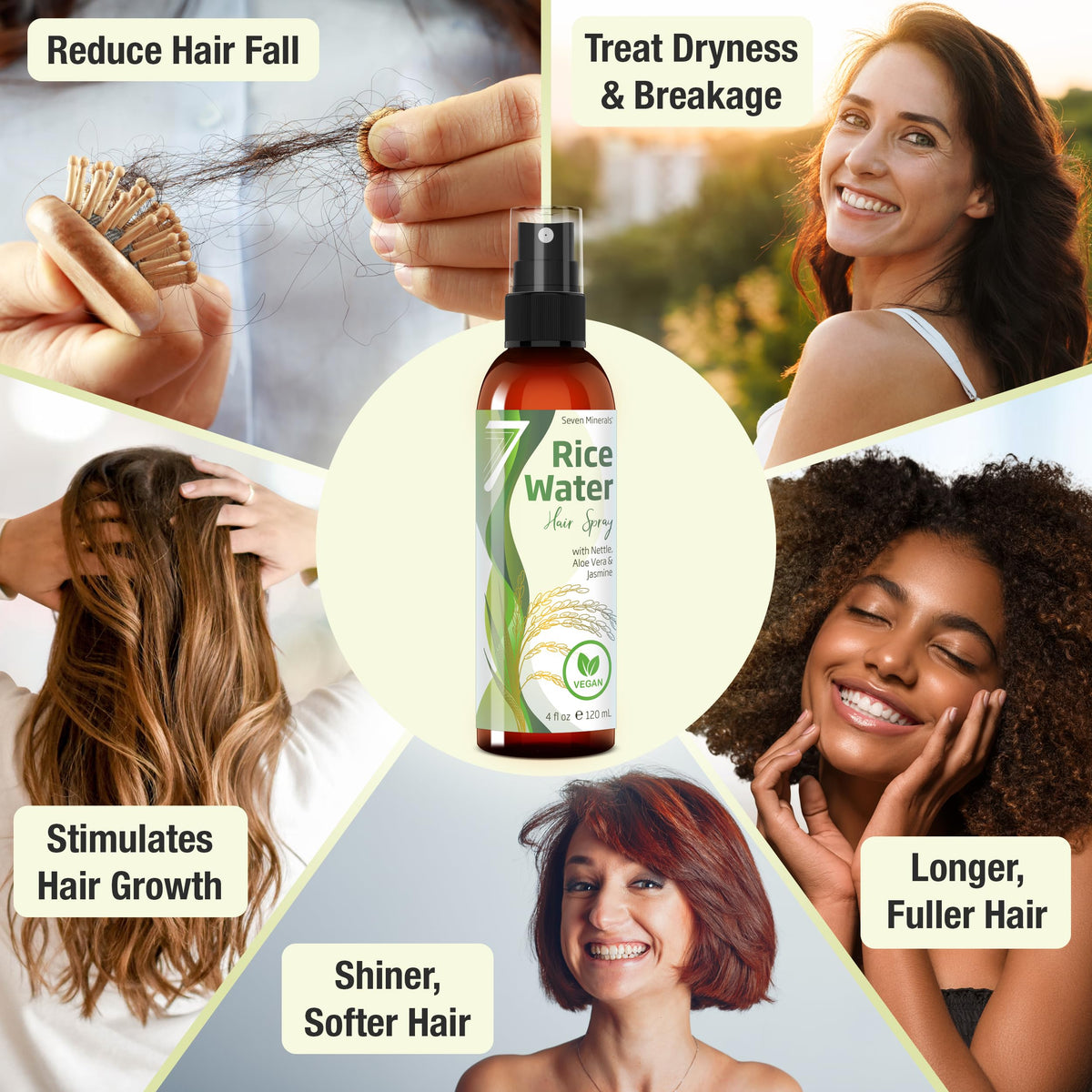 Seven Minerals Rice Water Spray with ingredients like nettle and aloe vera