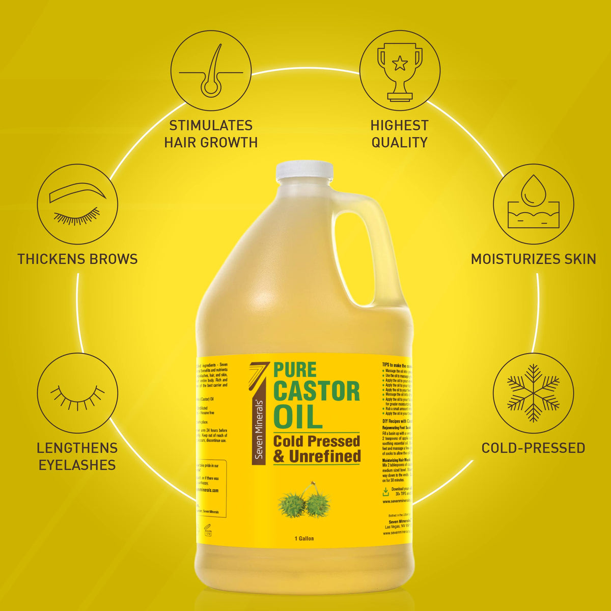 Seven Minerals Unrefined Castor Oil eco-sized bottle side view