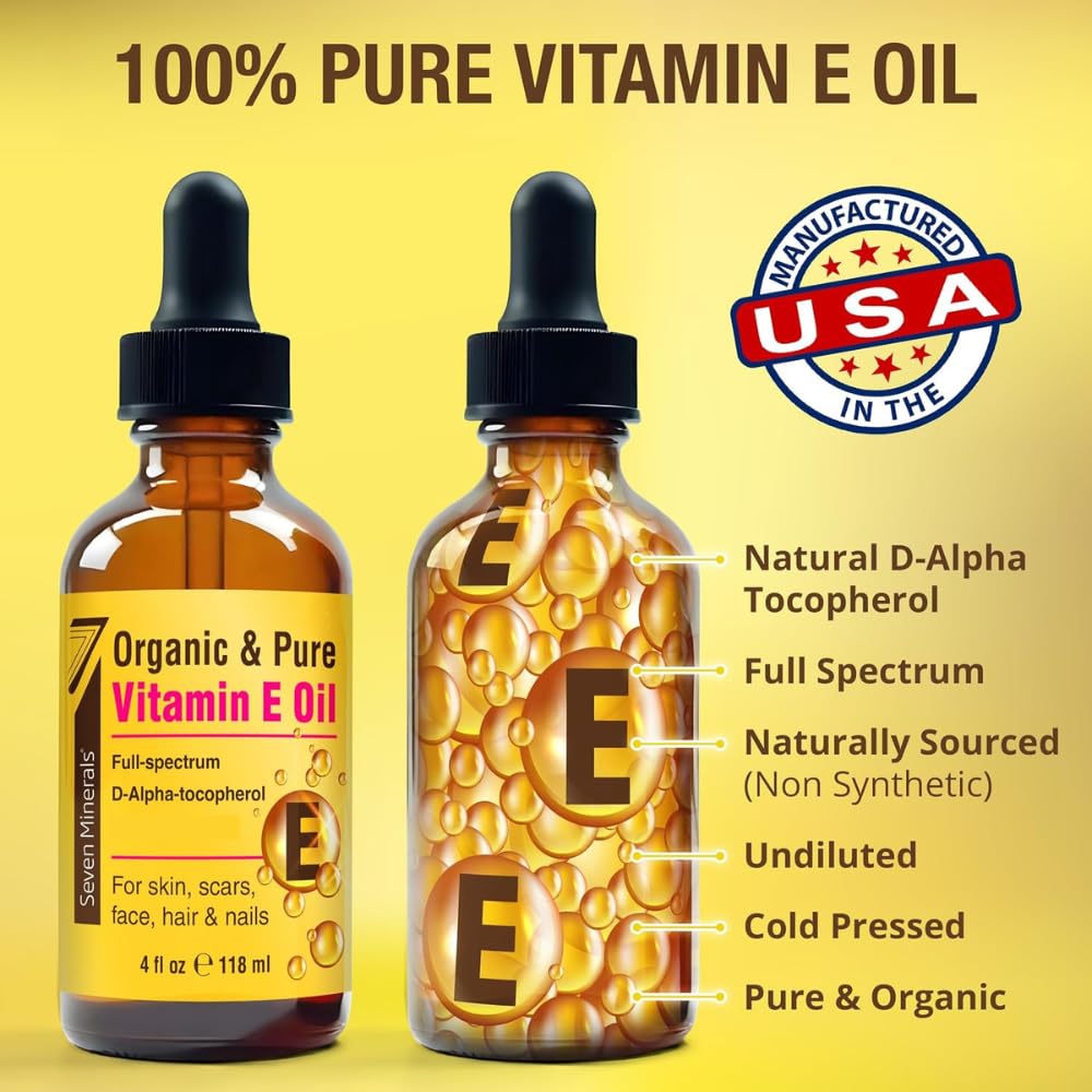 Seven Minerals Vitamin E Oil beside fresh flowers
