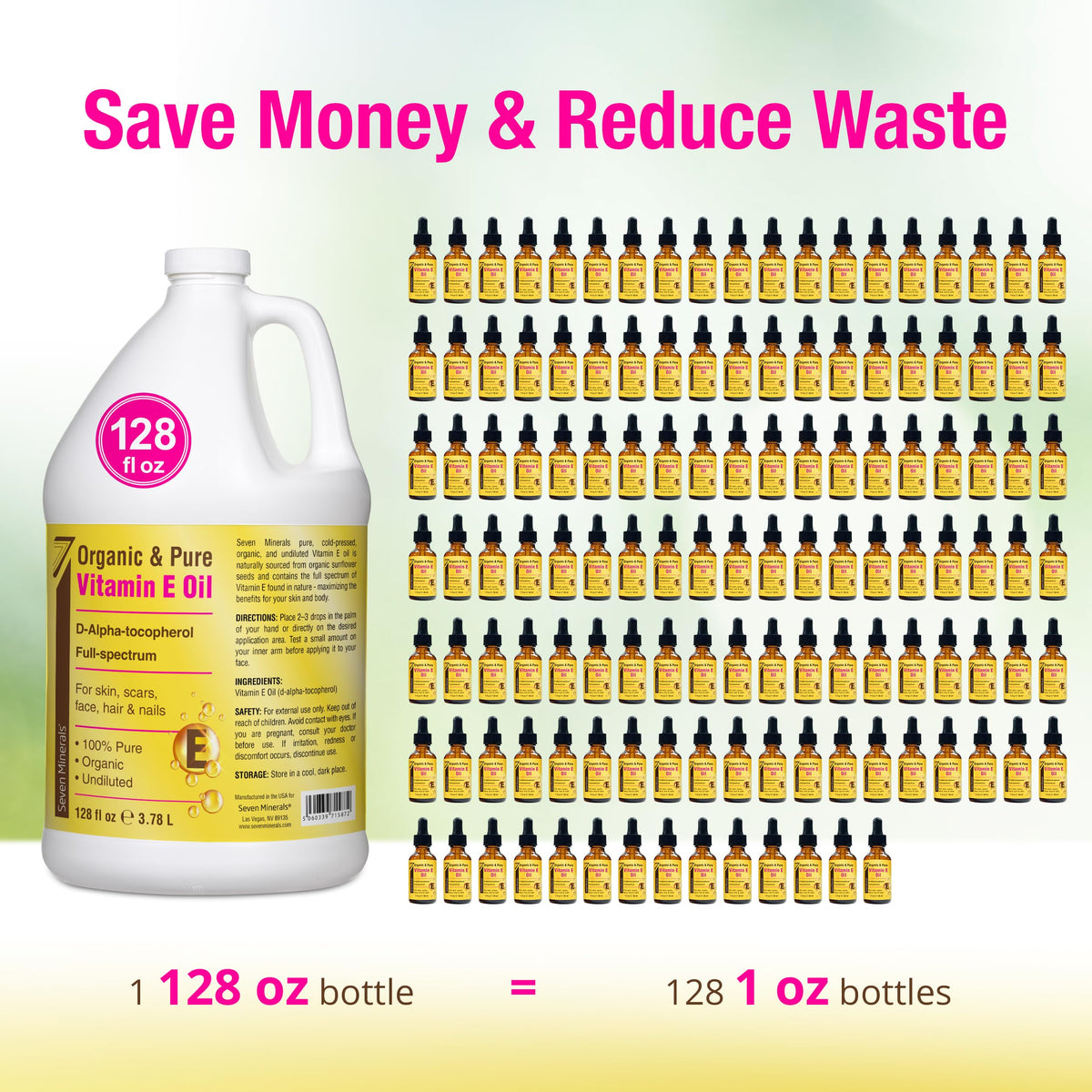 Seven Minerals Vitamin E Oil pouring into a smaller bottle
