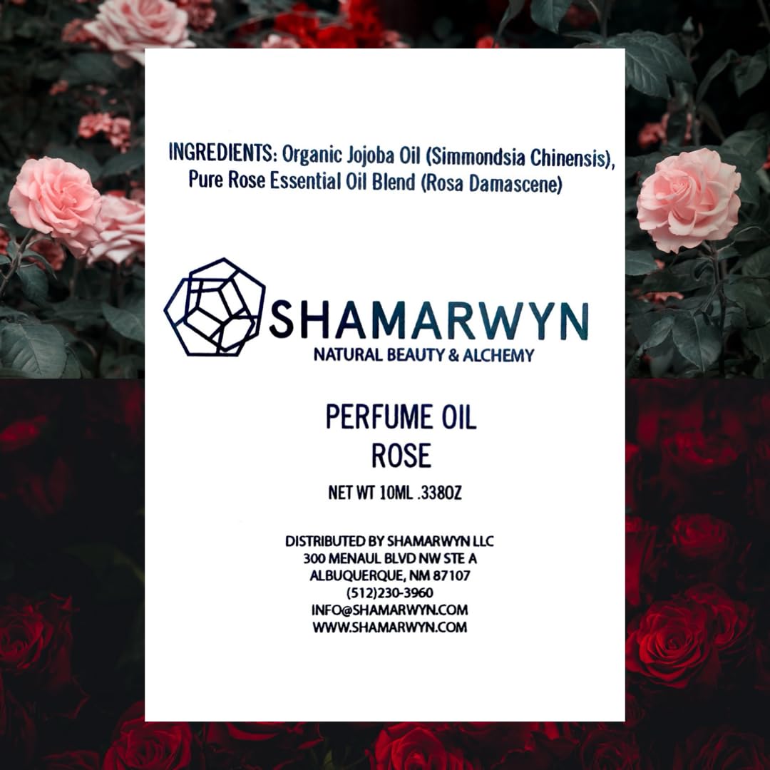 shamarwyn Rose Perfume Oil 10ml roll-on bottle with floral background