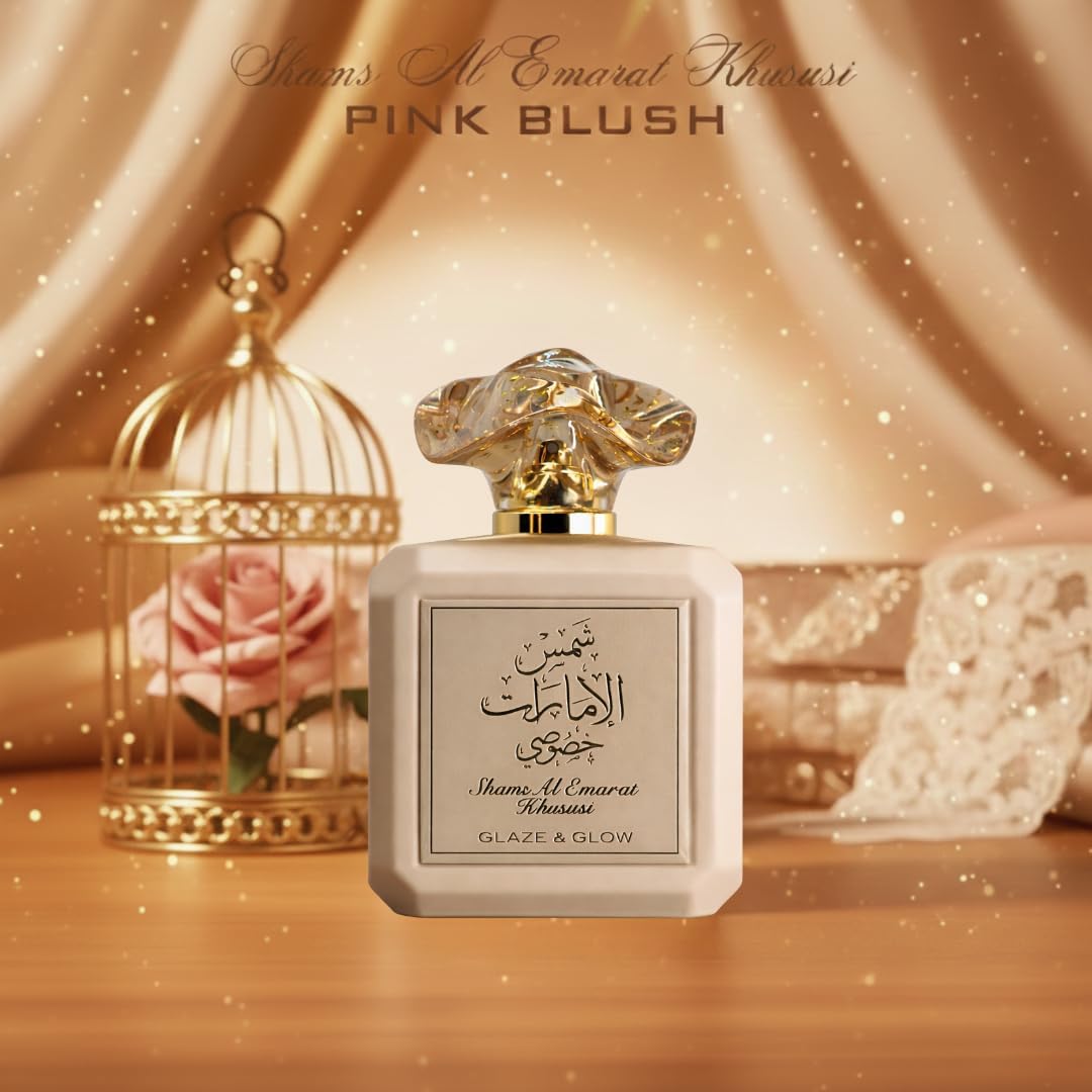 Shams Al Emarat Khususi Glaze & Glow Eau de Parfum with floral background
