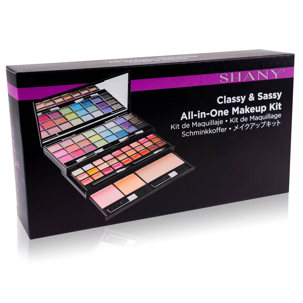SHANY makeup kit with applicators and mini brushes displayed