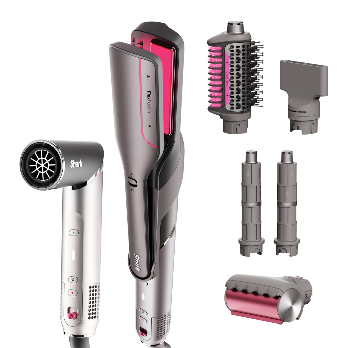 Shark FlexFusion Ceramic Air Styler front view with metallic mist finish