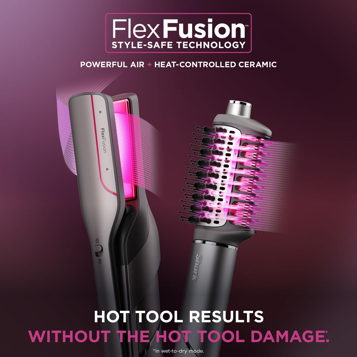 Shark FlexFusion Ceramic Air Styler in a lifestyle setting with hair products