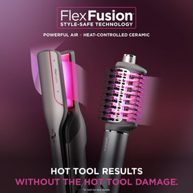 Shark FlexFusion Ceramic Air Styler in a lifestyle setting with hair products