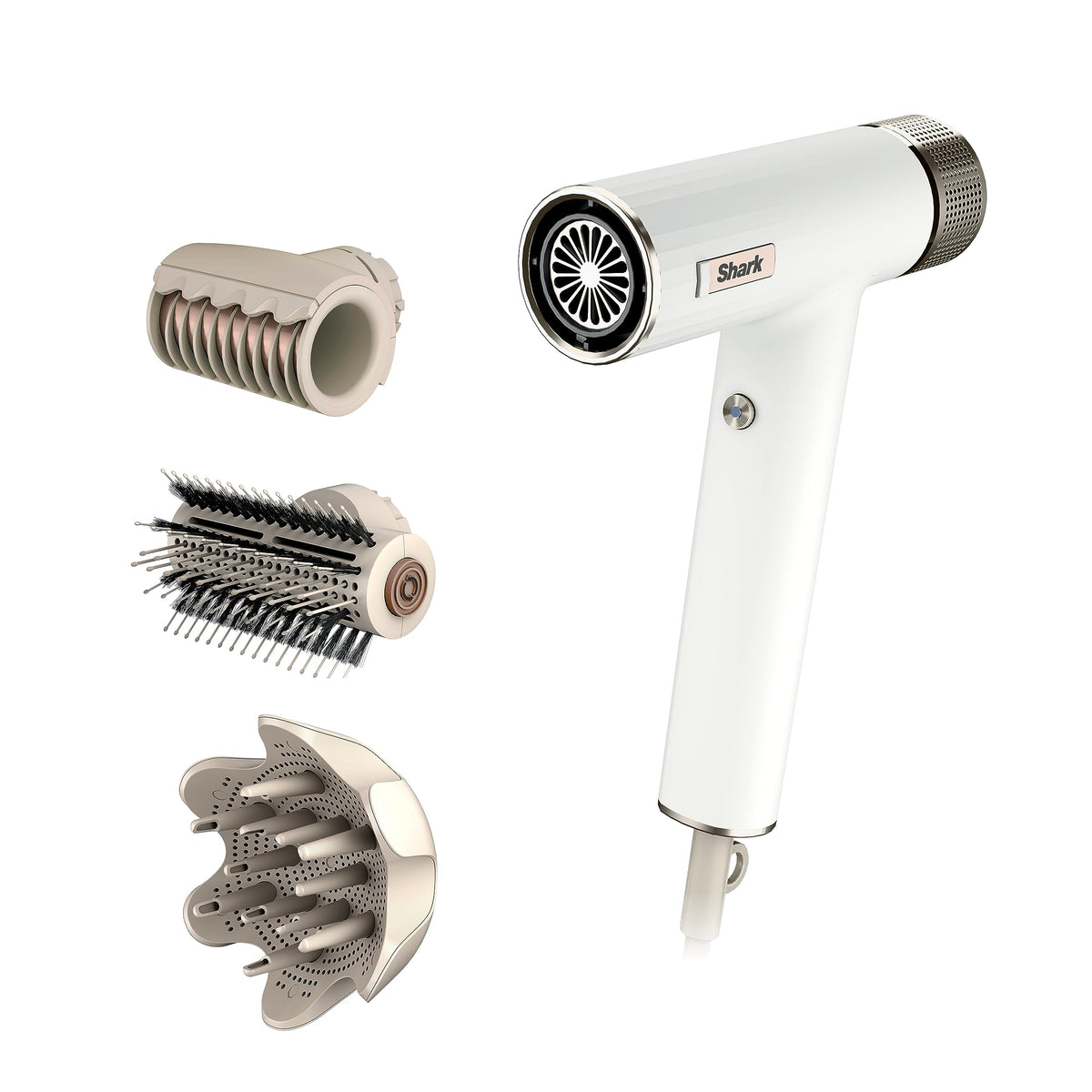 Shark SpeedStyle Hair Dryer front view with three styling tools