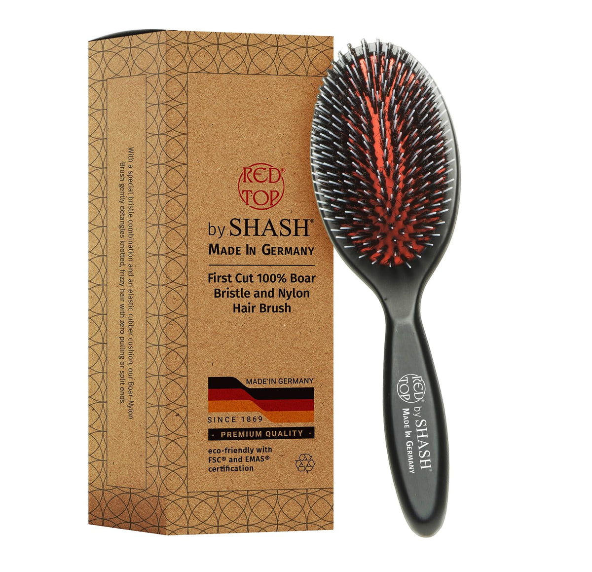SHASH Boar Bristle Hair Brush front view with natural bristles