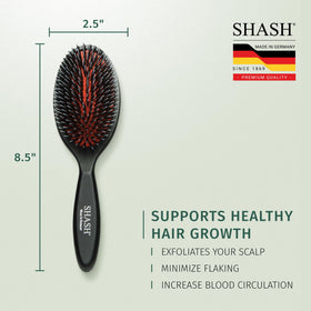 SHASH Boar Bristle Hair Brush showing maintenance instructions