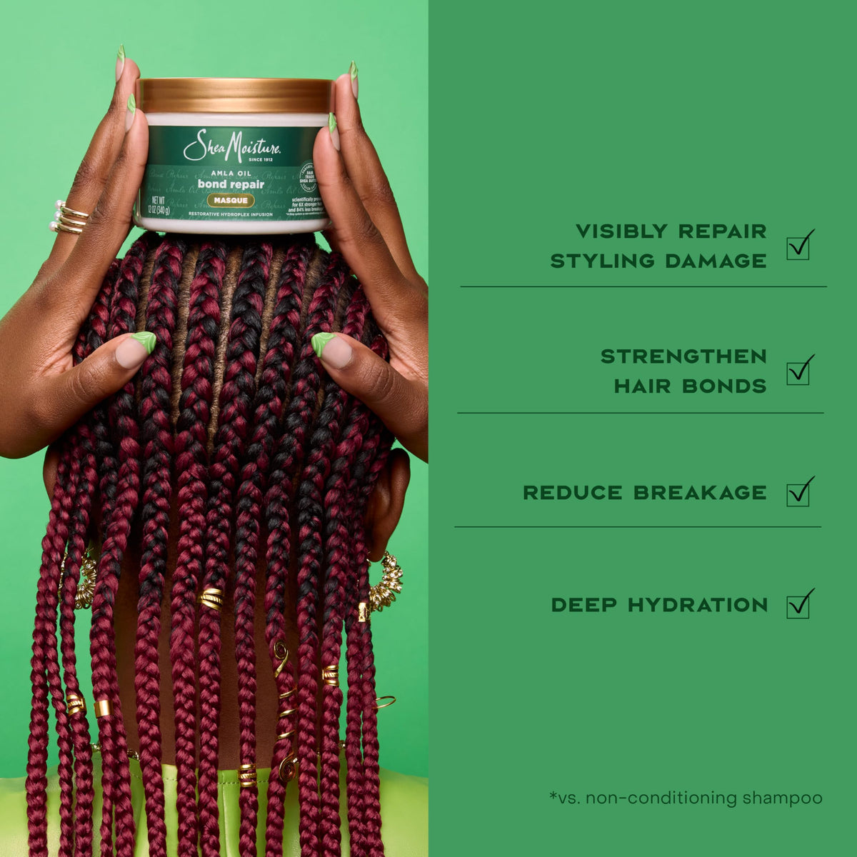 Shea Moisture Bond Repair Masque 11oz on a bathroom shelf