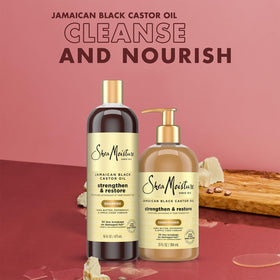 Shea Moisture shampoo and conditioner set on a bathroom shelf