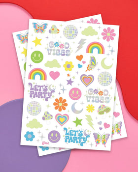 Sheet of 82 glow in the dark temporary tattoos with various designs