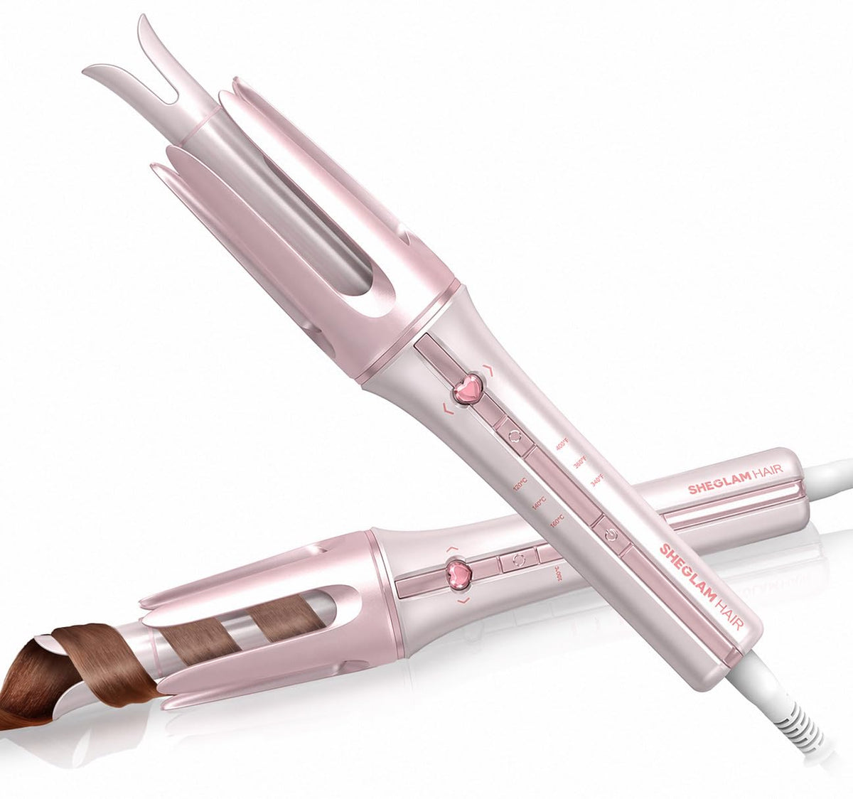 SHEGLAM Pink Curling Iron front view with heart-shaped power button