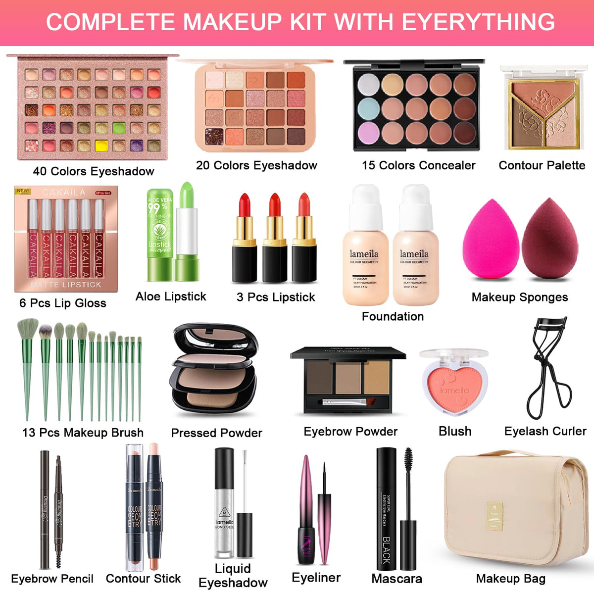 SHELAKIN All-in-One Makeup Kit showing included brushes and cosmetic bag