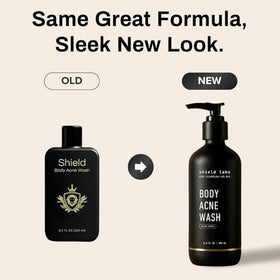 Shield Body Acne Wash bottle close-up showing unscented formula