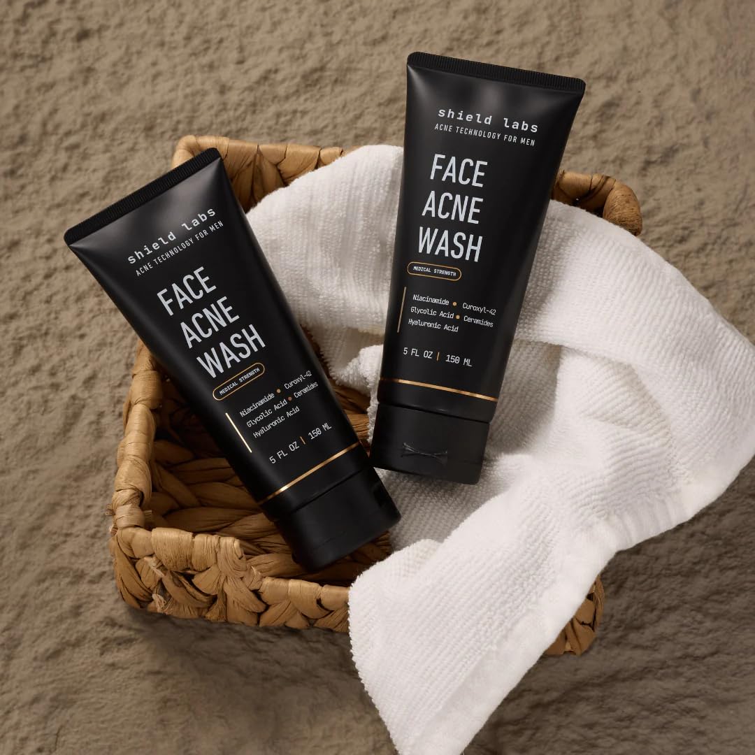 Shield Face Acne Wash for Men 5.1 oz on bathroom counter