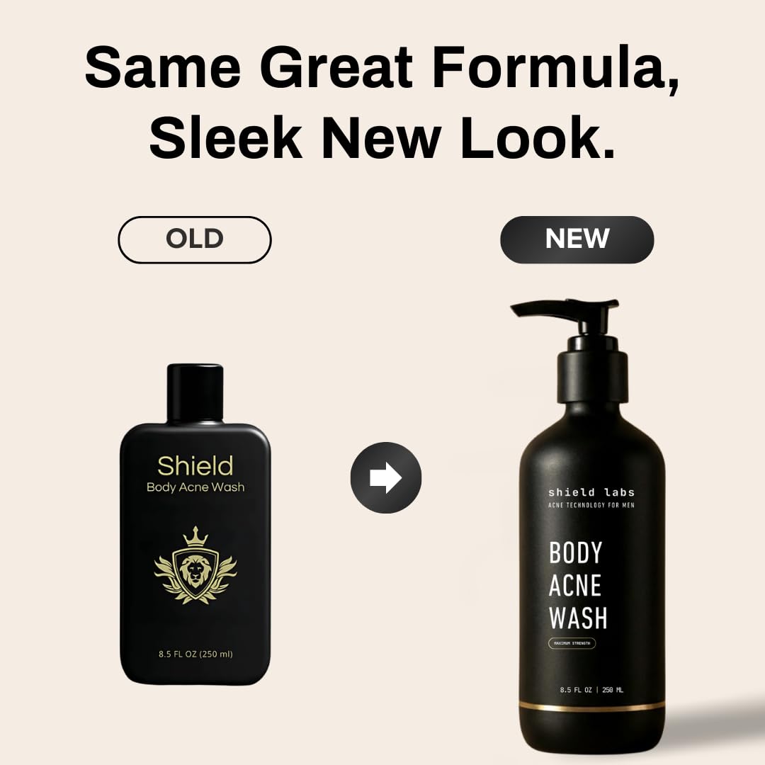 Shield Men's Acne Body Wash with ingredient highlights