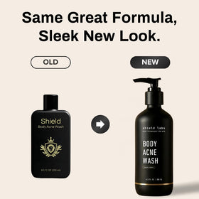 Shield Men's Acne Body Wash with ingredient highlights