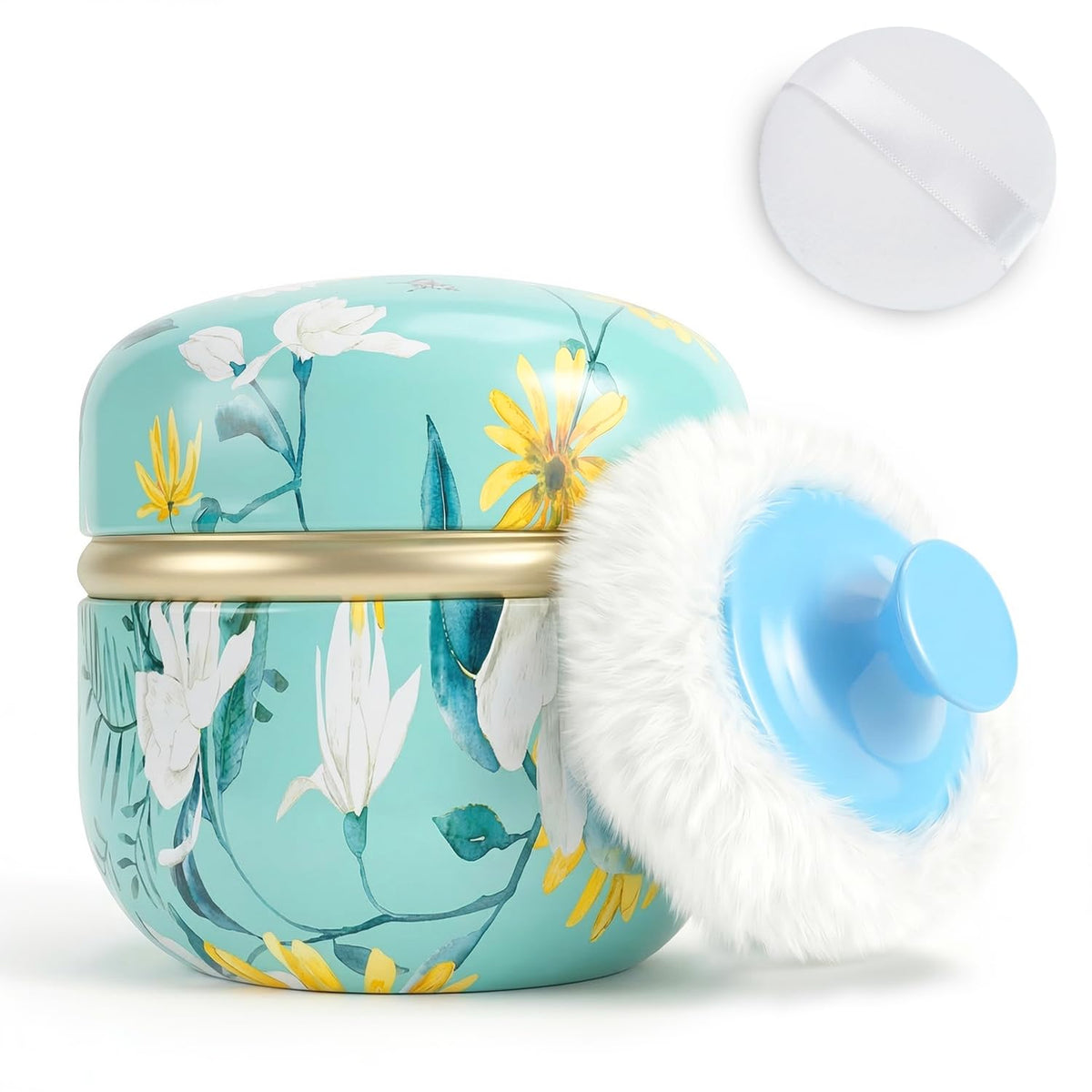 SHIMIDO Body Powder Puff Container with two puffs in cyan flower design