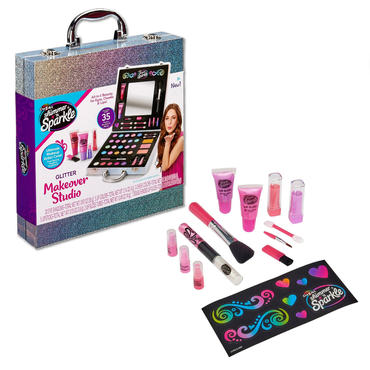 SHIMMER 'N SPARKLE Glitter Makeover Studio Beauty Kit front view with silver case