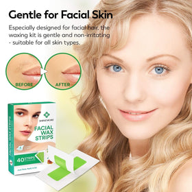 ShineMore Facial Wax Strips laid out with calming oil wipes