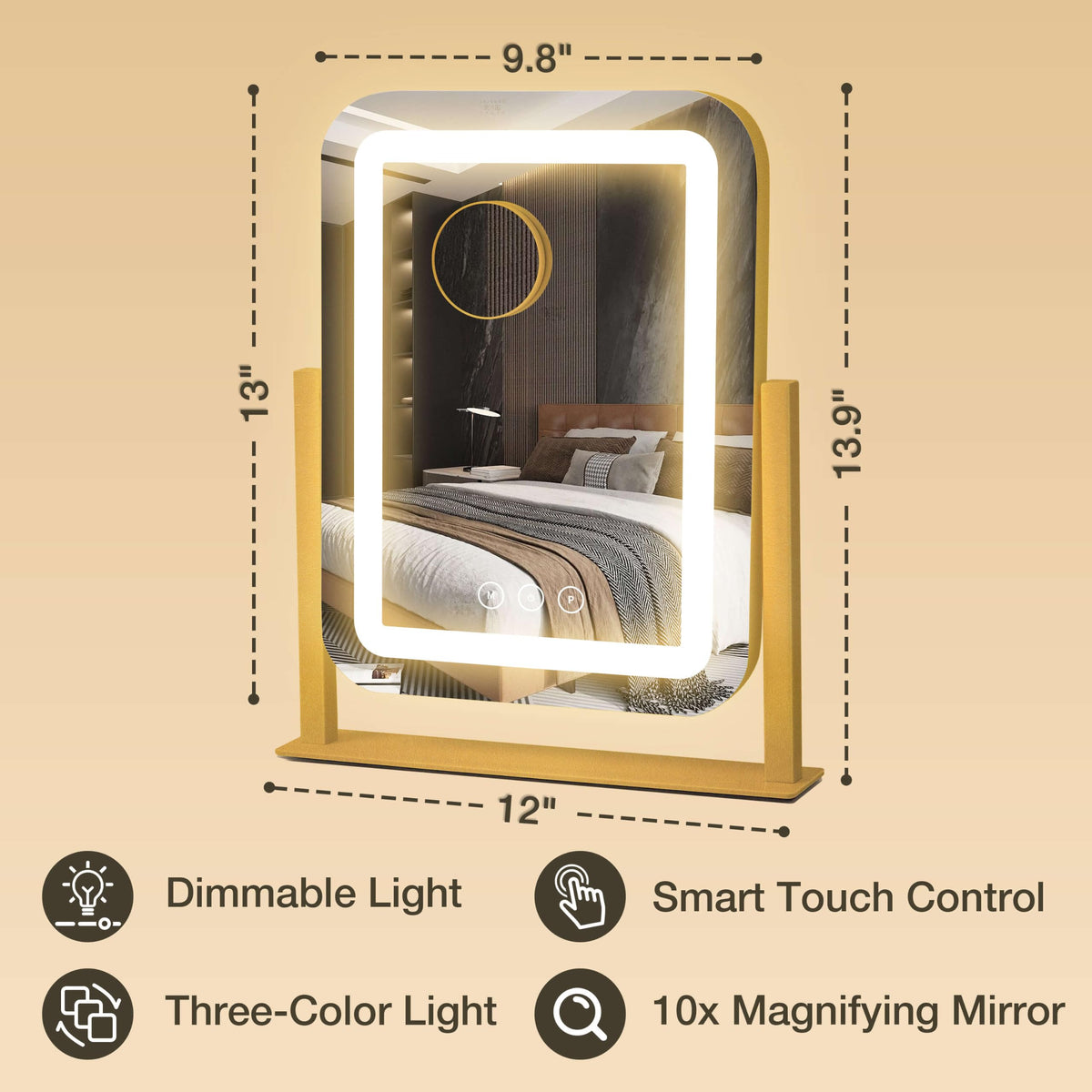 Shinerva vanity mirror side view showing the gold frame