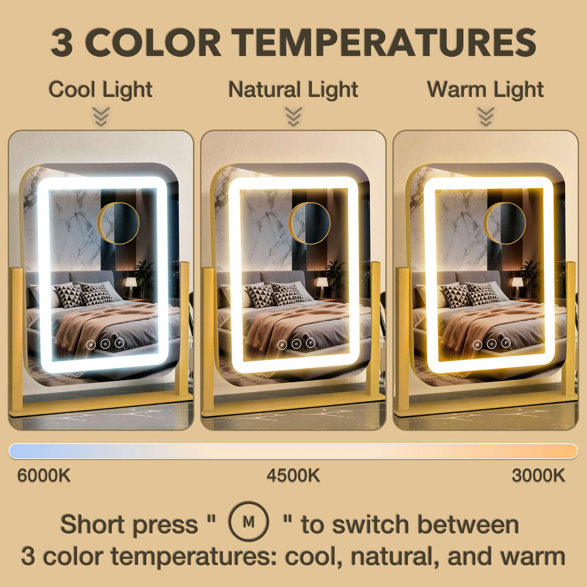 Shinerva vanity mirror with touch control buttons