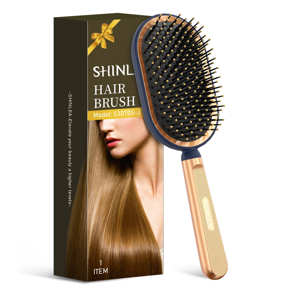 SHINLEA Large Paddle Brush front view with gold handle